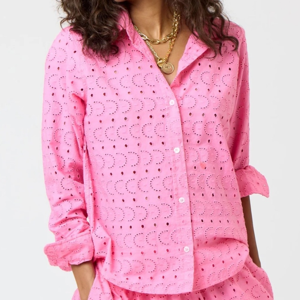 NWT $268 Kerri Rosenthal Pia Pink Eyelet Cotton Poplin Half Moon Pattern Blouse